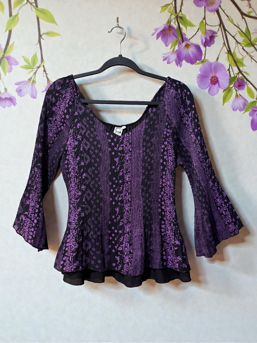 Sash Purple & Black Floral-Stripe Top with 3/4 Bell Sleeves